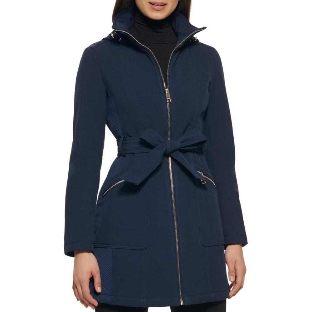 Guess Belted Zip Front Soft Shell Jacket - Color Navy - XL